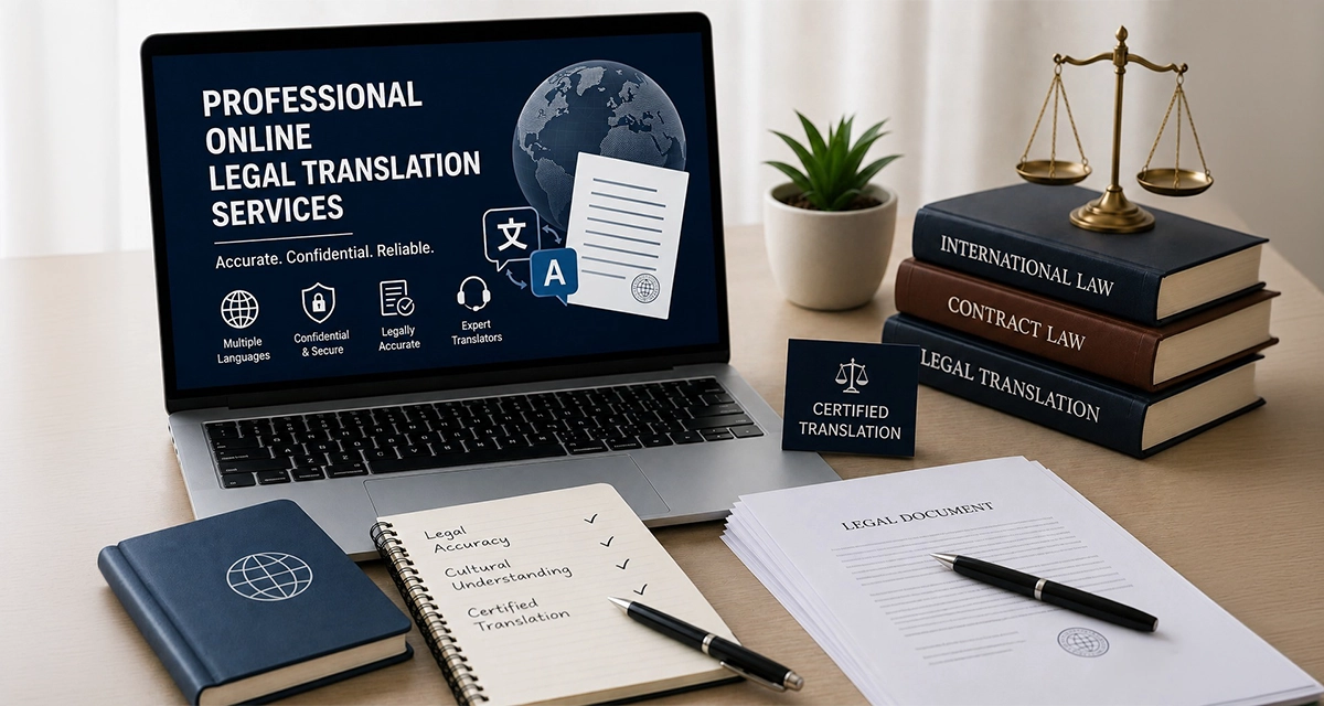 Digital workspace representing Professional Online Legal Translation Services with legal documents and translation technology.