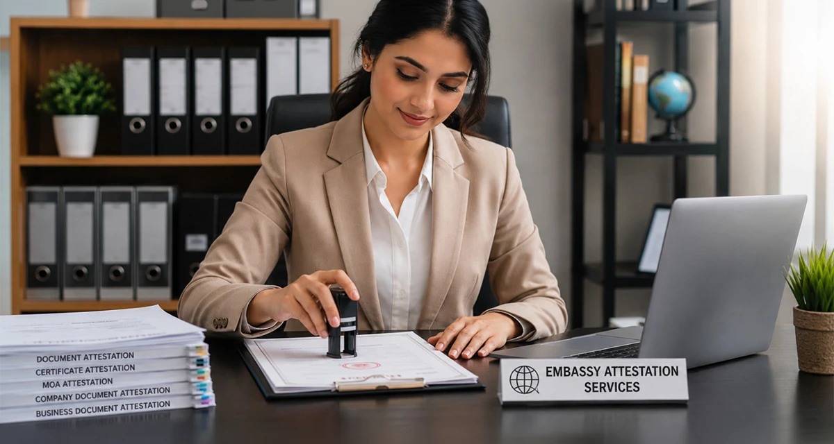 Professional officer providing Embassy attestation services by stamping official documents in a modern office with certificate attestation files and laptop.