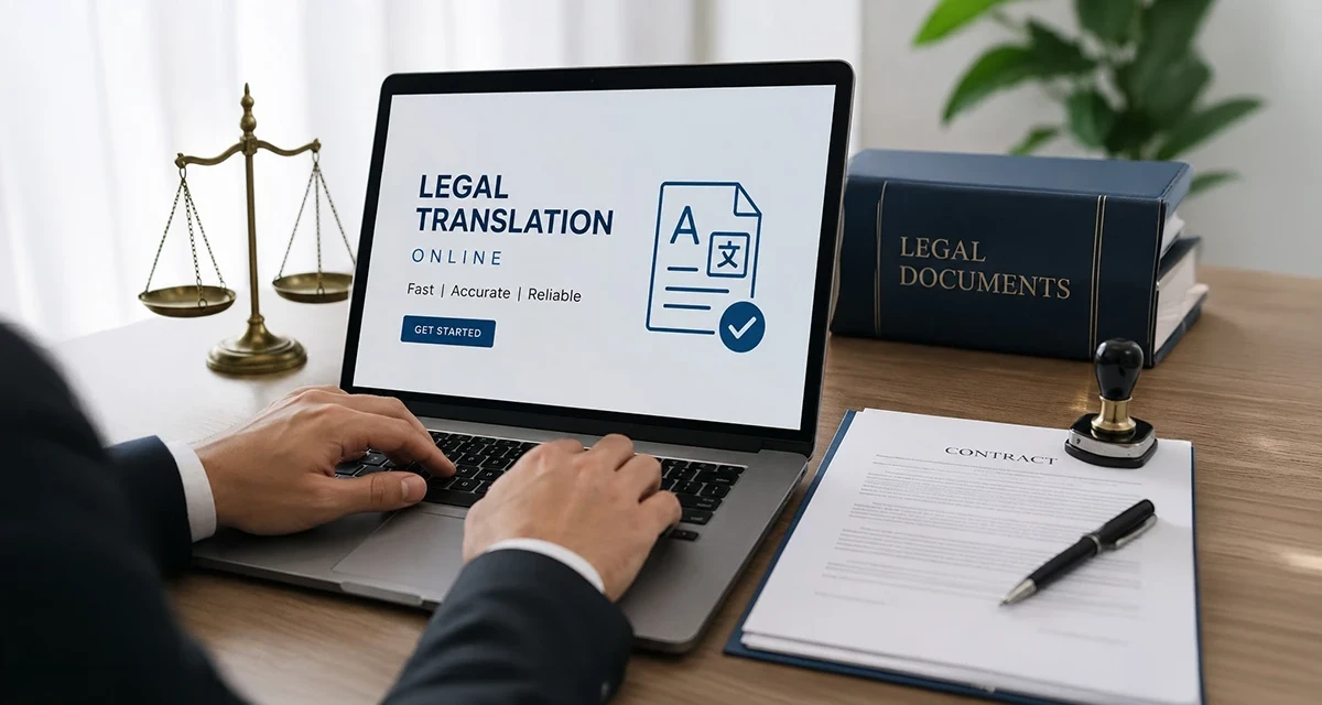Legal translation online service displayed on laptop with official documents and legal paperwork on office desk