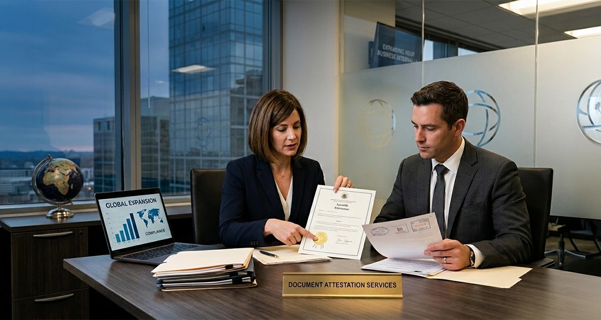 Document attestation services for international business expansion with professionals verifying corporate documents, certificates, and compliance records for global market entry.