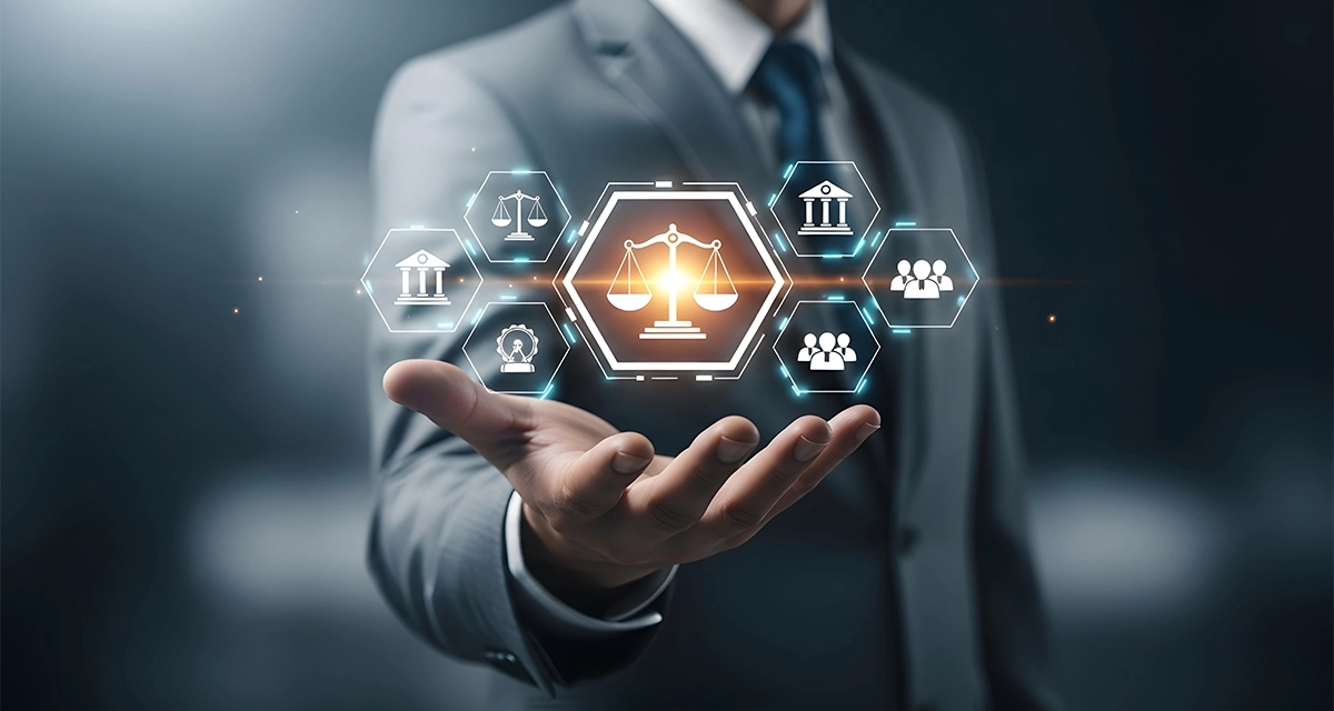 A businessman in a suit holding a glowing digital interface featuring legal icons, symbolizing comprehensive Power of Attorney services and modern legal solutions.
