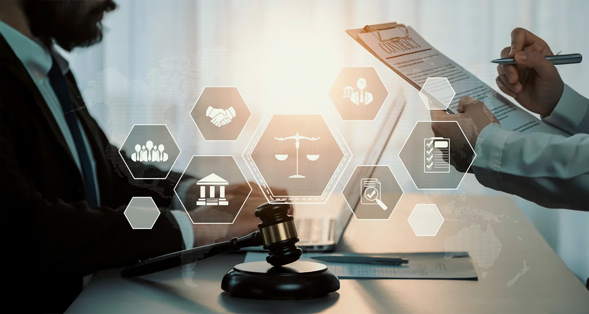 A professional legal setting featuring a digital overlay of law icons and a gavel, representing the process of obtaining an Online POA Dubai.
