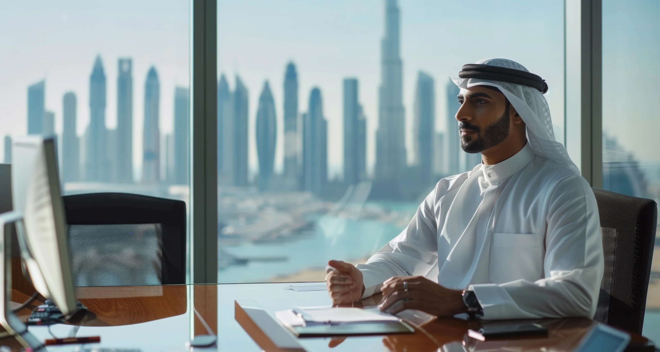 A professional Emirati businessman in a traditional white kandura sitting at a high-end office desk overlooking the Dubai skyline and Burj Khalifa, representing legal authority and the Power of Attorney in Dubai.