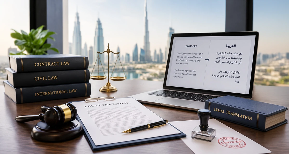 Best Legal Translation Services in Dubai with bilingual legal documents and professional translation workspace