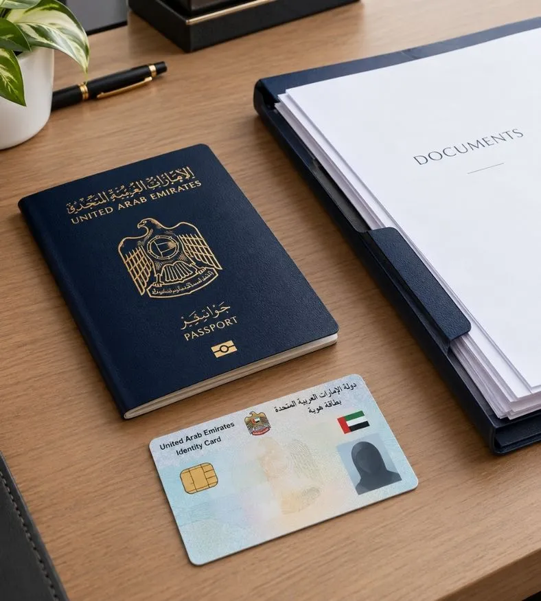 Passport, Emirates ID, and documents laid out on a desk