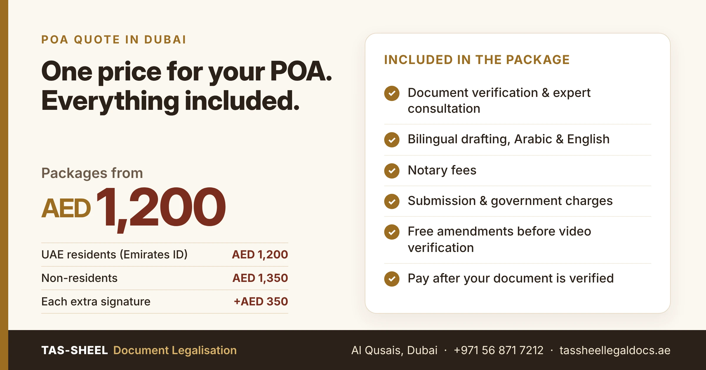 POA quote in Dubai: Tas-sheel package from AED 1,200 including notary and government fees